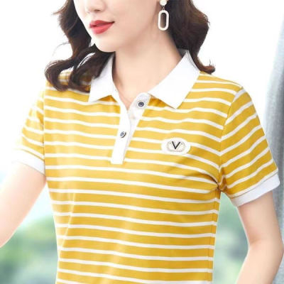 เสื้อลำลองกีฬา Polo เสื้อยืดลายทางสำหรับคุณแม่เสื้อโปโลผู้หญิง,สวมใส่สบายอเนกประสงค์ฤดูร้อนแขนสั้นแขนสั้น