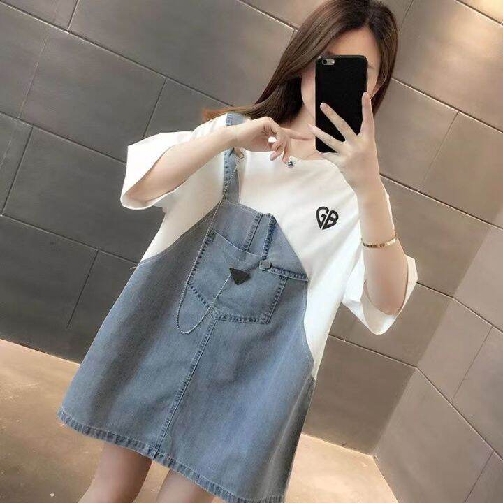 denim-stitching-fake-two-short-sleeved-inst-shirts-womens-casual-summer-new-loose-korean-style-design-sense-top