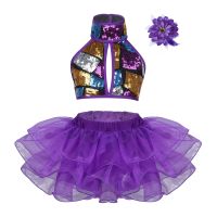 ✣☏ↂ Girls Ballet Dance Costume Kids Halter Sequins Crop Top with Tutu Mesh Dress Set for Hip Hop Jazz Dancing Performance Show