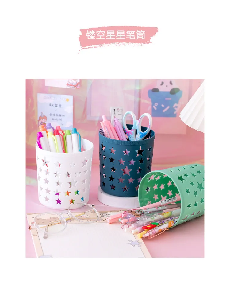 Creative Hollow Stars Pen Pencil Pot Holder Brush Storage Container Desk  Organizer Plastic Stationery Pen Holder Office Supplies