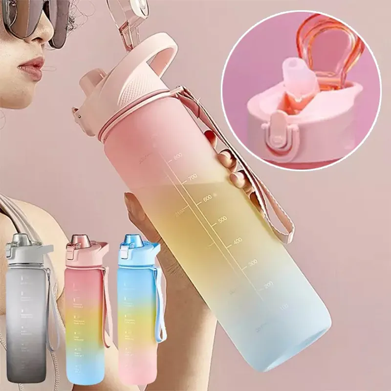 1000ml Water Bottle With Time Marker - 1l Water Bottles With Straw, Air Up Water  Bottle Leakproof & Bpa Free Sports Water Bottle With Carry Strap For