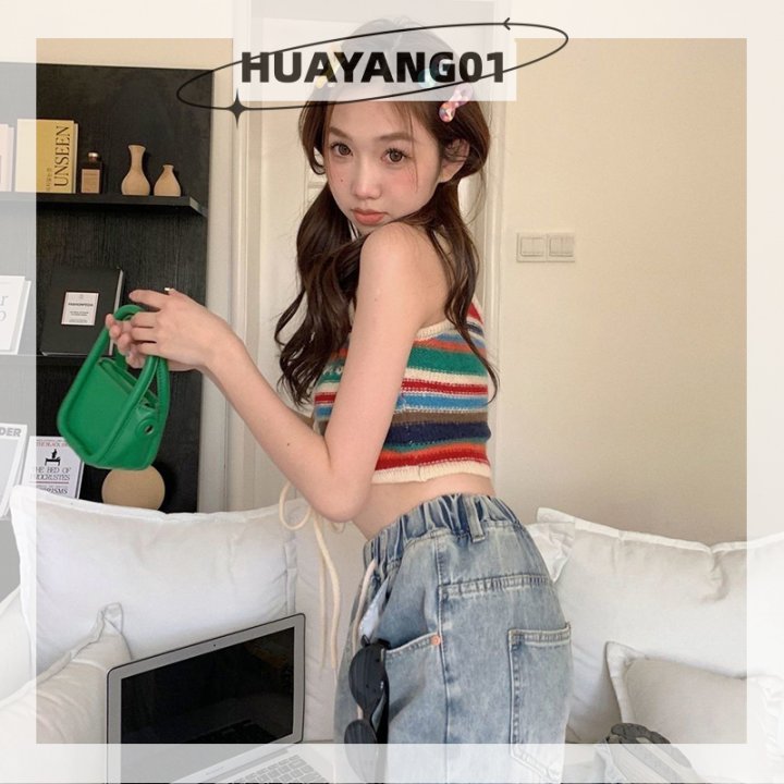 huayang01-2023-new-hot-fashion-lazlook-เสื้อชั้นในสตรีถักลายทางสีสันสดใสฤดูร้อนเสื้อแขนกุดผูกเชือกเซ็กซี่