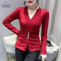 YIMEI M ~ 3XL ฤดูใบไม้ร่วงขนาดใหญ่ท็อปส์2023แฟชั่นใหม่แขนยาวสีดำท็อปส์ผิดปกติเปิดของผู้หญิงเสื้อยืดบางคอวีร้อยจับคู่เทศกาลสีแดง Bottoming เสื้อ