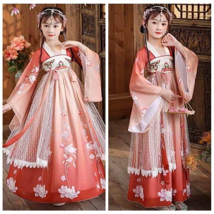 GOLDEN Outfit Ancient Chinese Children Girls Hanfu Dress Embroidery