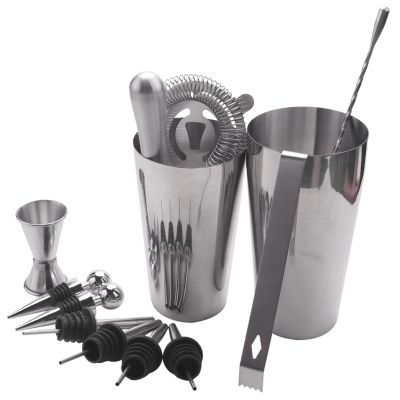 Stainless Steel Boston Cocktail Shaker Bar Set Tools with 28Oz/20Oz Shaker Tins, Measuring Jigger, Mixing Spoon, Liquor Pourers, Muddler, Strainer, Ice Tongs and Bottle Stoppers