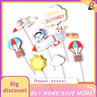 ?【Lowest price】Qearl Happy Birthday cake Topper นักบินเครื่องบินรถต้นไม้เมฆ anniversaire ตกแต่งธง