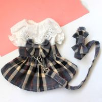 Classic Plaid Pet  Skirt With Leash Traction Cutout Skirt Dog Dress With Leash  Summer Dog Bow Skirt Denim Plaid Lace Dress Dresses