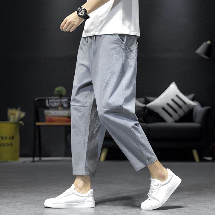 summer-mens-large-size-classic-harem-pants-3-colors-casual-fashion-stripe-drawstring-cropped-pants-linen-thin-trousers