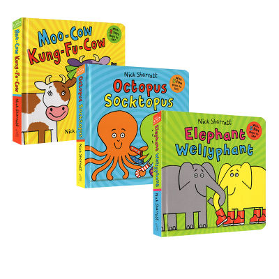 English original elephant wellyphant / Moo Cow Kung Fu cow cardboard book 3 Nick sharratt learning while playing childrens Enlightenment cognitive English word learning