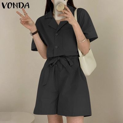 （A So Cute）♗แอลยูเอสบี♕เสื้อมีปกกระดุมผู้หญิง,เสื้อชุดจั๊มสูทสีพื้นลำลอง VONDA ฤดูร้อนแขนสั้นเกาหลี