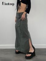 Weekeep Pocket Low Rise Long Skirt Harajuku Straight Split Hem Cargo Maxi Skirts Women Vintage Streetwear Bottoms Solid Outfits