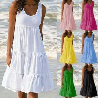 fgjre335 ขายดีที่สุด - / ผู้หญิงฤดูร้อน Smock ชุดสุภาพสตรี Holiday Beach Casual หลวม Frill Mini Sundress แขนกุดรอบคอขนาดใหญ่ชุดชายหาด