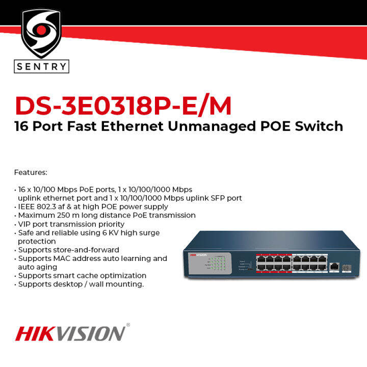 HIKVISION DS-3E0318P-E/M 16 Port Fast Ethernet Unmanaged POE Switch ...