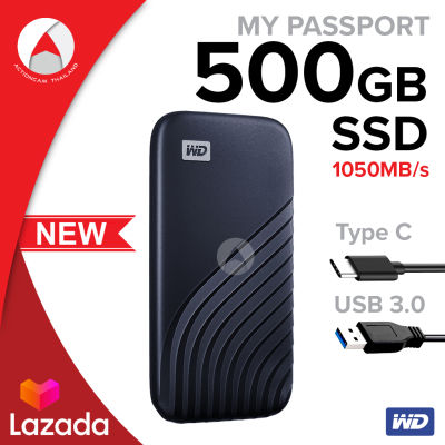 WD My Passport SSD 500 GB ฮาร์ดดิสก์พกพา Type-C, USB 3.0 (WDBAGF5000ABL-WESN) Blue สีน้ำเงิน&nbsp;New 2020 ความเร็วในการอ่านสูงสุดถึง 1,050 MB/s2 ประกัน Synnex 5 ปี ฮาร์ดดิสก์ Solid State Drives สาย USB Type-C ต่อกับ Type-C (รองรับ USB 3.2 Gen 2)