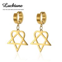 【YF】 Lucktune Heartagram Star Dangle Clip Earrings Women Stainless Steel Heart Pentagonal Couple Goth Jewelry Free Shipping