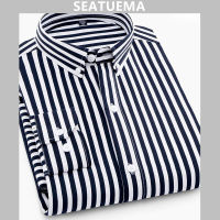 SEATUEMA ชายเสื้อลายแนวตั้งแขนยาวธุรกิจใหม่บางพอดีเกาหลีแฟชั่นธุรกิจลำลองเสื้อลาย