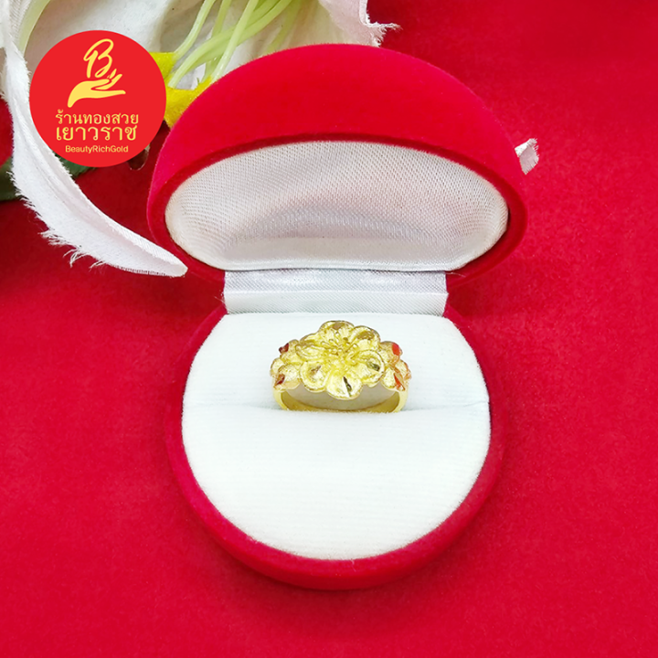 แหวนทองลายดอกไม้-ดอกชบา-ชุบทอง-ทองปลอม-ทำจากทองเหลือง-เรียบหรู-ใส่ได้ทุกโอกาส-รูปถ่ายจากสินค้าจริง