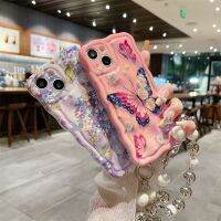 บลูเรย์กรอบ TPU รูปผีเสื้อลายดอกไม้ Iphone 14 13 11 12 Pro Max ป้องกันการตกกรอบด้านหลังสร้อยข้อมือไข่มุกเนื้อนิ่ม