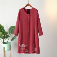 Big Size 2XL-6XL Womens Long Sleeved Long Dress Oversized A-line Vintage Floral Embroidery Spring Autumn Dresses