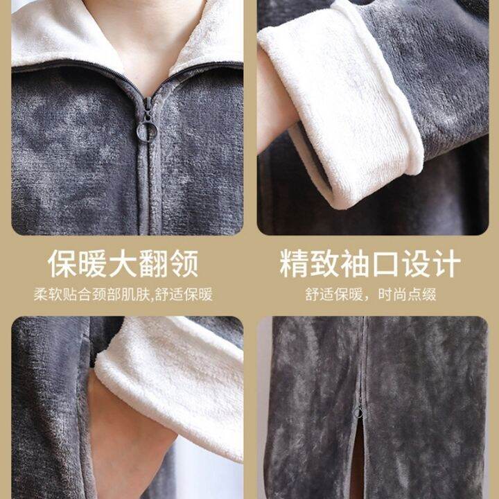 xiaoli-clothing-ชุดกิโมโนเสื้อคลุมคอรัลฟลีซยาวขนาดเพิ่มฤดูหนาวผู้หญิงผ้าสักหลาดที่ให้ความอบอุ่นเสื้อคลุมอาบน้ำเสื้อตัวยาวแบบโอเวอร์ไซส์สวมสบายชุดนอน