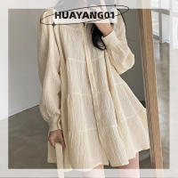 HUAYANG01เดรสสั้นอัดพลีทสำหรับผู้หญิง,เดรสมินิคอปกเสื้อลำลองแขนยาวทรงหลวมแฟชั่นใหม่2023