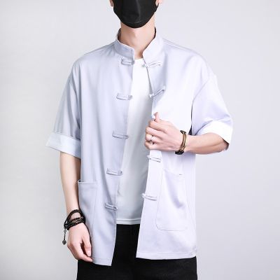 เสื้อสไตล์ฮันบกเสื้อชิ้นบนแขนสั้นของผู้ชายเสื้อสไตล์กังฟูไทชิถังแบบจีนดั้งเดิม2023ใหม่