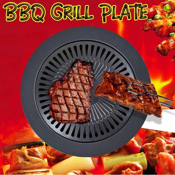 BUYYU Iron BBQ Grill Pan Korean Meat Roast BBQ Grill Plate With Holder
