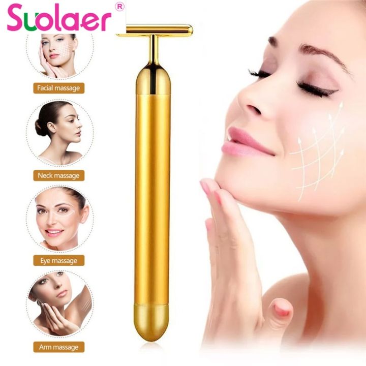 Suolaer Energy 24k Gold T Beauty Bar Facial Roller Massager T Shape Energy Beauty Bar Pulse 