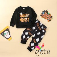 Geta- เสื้อแขนยาว คอกลม พิมพ์ลายตัวอักษรผีน่ารัก + กางเกงขายาว สําหรับเด็ก 2 ชิ้น