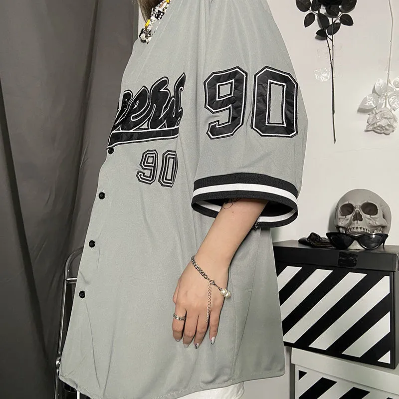 HOUZHOU Baseball Shirt Women Men Harajuku Hippe Vintage Oversized Hip Hop  Streetwear Korean Style Short Sleeve Button Up Blouse