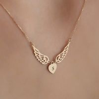 Custom Engraved 26 Letters Necklace Women Angel Wings Heart Pendant Choker Stainless Steel Gold Jewelry Mother 39;s Day Gift To Mom