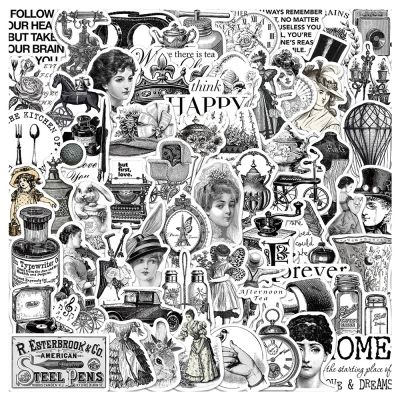 64pcs Black White Western Vintage Graffiti Stickers For Laptop Stationery Craft Supplies Aesthetic Sticker Scrapbooking Material