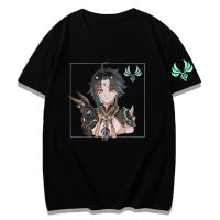 มีสินค้า Genshin Impact Xiao พิมพ์ Tshirt ผู้หญิงกราฟิก Tees สาว Kawaii การ์ตูนเสื้อสีดำเสื้อ100% Cotton Short Sleeve Tee-เสื้อ