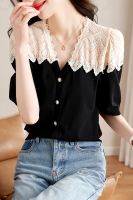 2023 thin French lace stitching hollow out short sleeve shirt jacket summer new v-neck hubble-bubble sleeve shirt female