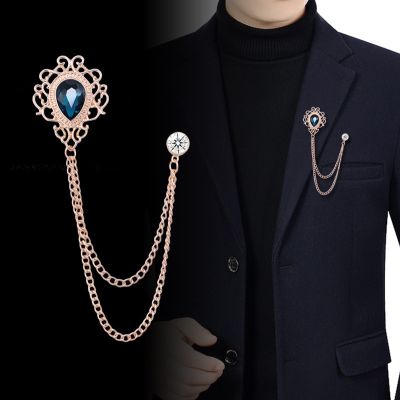 New Vintage Tassel Chain Brooches Rhinestones Crystal Lapel Pins Shirt Suit Collar Pin Fashion Jewelry for Men Women Accessories Headbands