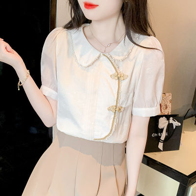 Short-Sleeved Shirt Womens Summer 2023 New Palace Style Bubble Sleeve Vintage Buckle Doll Collar Chic Top Trendy
