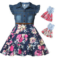 Girls Denim Floral Dress Summer Party Dress with Belt Children Flying Short Sleeve Casual Clothing Baby Girl Kids Fashion Outfi