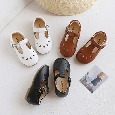 Kids T Strap Leather Shoes Girls Hollow Outs Princess Shoes Boys Breathable Flats Black White Child Baby Toddlers Summer Autumn