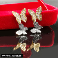 Inspire Jewelry ,ต่างหูผีเสื้อ ผีเสื้อเพชร จำนวน 2 ตัวเรียง ตัวเรือนหุ้มทอง24K และทองคำขาว ประดับเพชรCZ ขนาด 1 x 1.6 CM งาน Design Jewelry สวยหรู