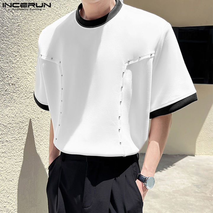 incerun-เสื้อยืดแฟชั่นผู้ชายแขนสั้นเสื้อยืดคอกลมปะติดหมุดสุดฮิตแผงไฟ-สไตล์เกาหลี