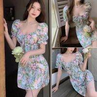 BOUND （in stock）Womens Flower print drawstring square collar Sexy puff sleeve dress