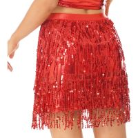 【YD】 Womens Fringed Patent Leather Raves Skirts Sparkly Sequin Tassel Skirt Elastic Waistband Latin Belly Performance Costume