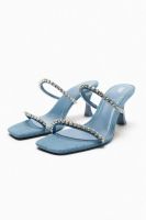 2023 Summer New Womens Shoes Blue Rhinestone Shiny Denim Fashion High Heels Square Toe Open Toe Sandals for Women