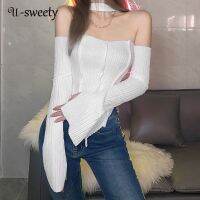 U-sweety เสื้อครอปท็อปลําลอง แขนยาว เปิดไหล่ ทรงสลิมฟิต สีพื้น เซ็กซี่ สําหรับผู้หญิง