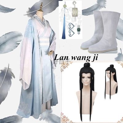 [Cos imitation] Lan Wangji คอสเพลย์เครื่องแต่งกาย Mo Dao Zu Shi Original Lan Zhan เครื่องแต่งกายโบราณวิกผม Wei Wuxian Yiling Patriarch เครื่องแต่งกาย Wigs รองเท้า