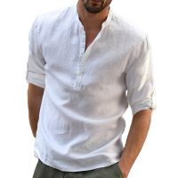 【CW】 New Men  39;s Blouse Cotton Shirt Loose Sleeve Tee Handsome Men Shirts