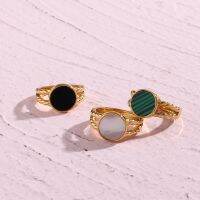 【YF】 Vintage Real Gold Plated Hollow Side Acrylic Natural Shell Green Black White Round Shape Rings For Women Party Jewelry