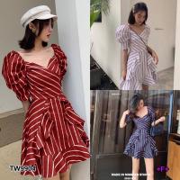 P9904 เดรสริ้วคอเหลี่ยมระบายย้วย  Ruffled square neckline dress