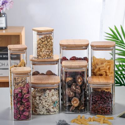 Square Sealed Glass Bottles New Tea Coffee Beans Transparent Glass Kitchen Storage Boxes Candy and Snack Tins with Bamboo Lid