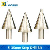 สว่านโลหะ 1pc 5-35mm Step Cone เจาะ TiN เคลือบตรงร่องเจาะรู HSS Round Shank Step Drill Bit